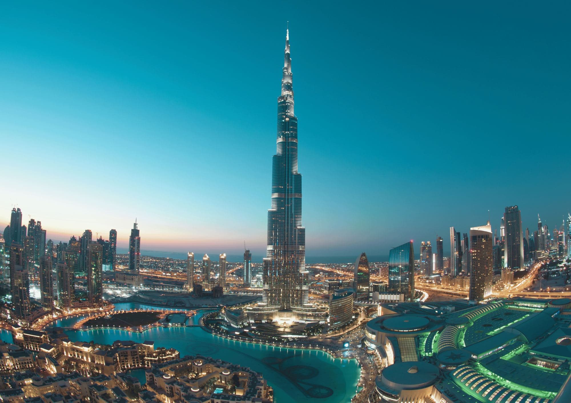 Burj Khalifa and Downtown Dubai at dusk, homes for rent in the UAE